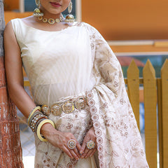 Trendy Beige Embroidery Work Soft Silk Saree With Sophisticated Blouse Piece