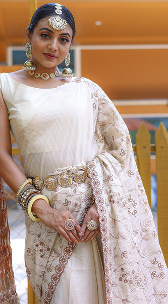 Trendy Beige Embroidery Work Soft Silk Saree With Sophisticated Blouse Piece