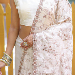 Trendy Beige Embroidery Work Soft Silk Saree With Sophisticated Blouse Piece