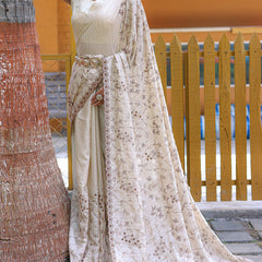 Trendy Beige Embroidery Work Soft Silk Saree With Sophisticated Blouse Piece