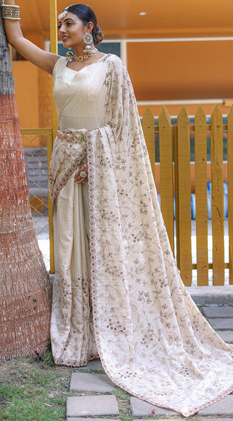 Trendy Beige Embroidery Work Soft Silk Saree With Sophisticated Blouse Piece