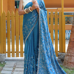 Marvellous Firozi Embroidery Work Soft Silk Saree With Classy Blouse Piece