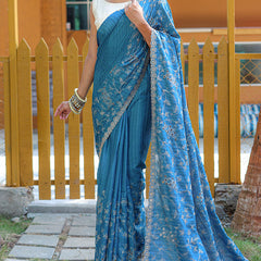 Marvellous Firozi Embroidery Work Soft Silk Saree With Classy Blouse Piece