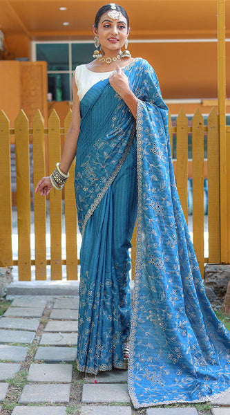 Marvellous Firozi Embroidery Work Soft Silk Saree With Classy Blouse Piece