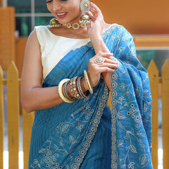 Marvellous Firozi Embroidery Work Soft Silk Saree With Classy Blouse Piece