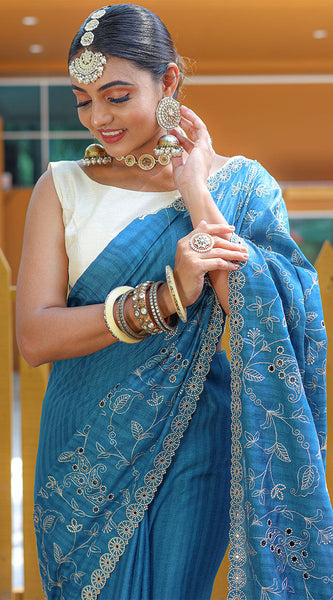 Marvellous Firozi Embroidery Work Soft Silk Saree With Classy Blouse Piece