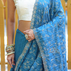 Marvellous Firozi Embroidery Work Soft Silk Saree With Classy Blouse Piece