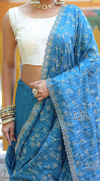 Marvellous Firozi Embroidery Work Soft Silk Saree With Classy Blouse Piece