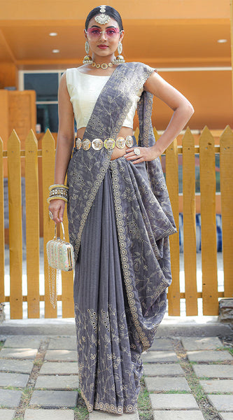 Attractive Grey Embroidery Work Soft Silk Saree With Dazzling Blouse Piece