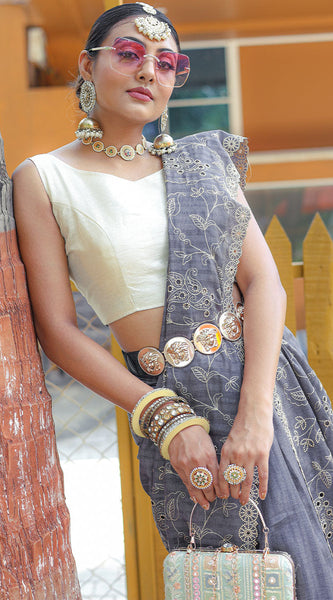 Attractive Grey Embroidery Work Soft Silk Saree With Dazzling Blouse Piece