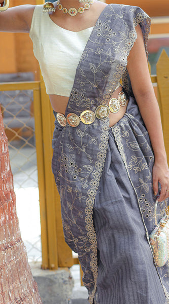 Attractive Grey Embroidery Work Soft Silk Saree With Dazzling Blouse Piece