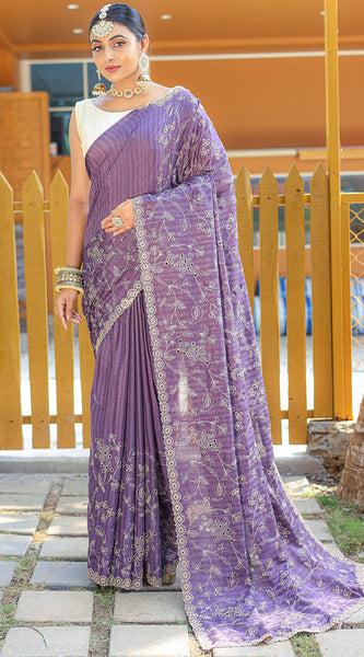 Gratifying Lavender Embroidery Work Soft Silk Saree With Impressive Blouse Piece