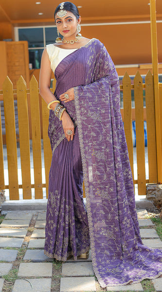 Gratifying Lavender Embroidery Work Soft Silk Saree With Impressive Blouse Piece