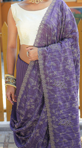 Gratifying Lavender Embroidery Work Soft Silk Saree With Impressive Blouse Piece