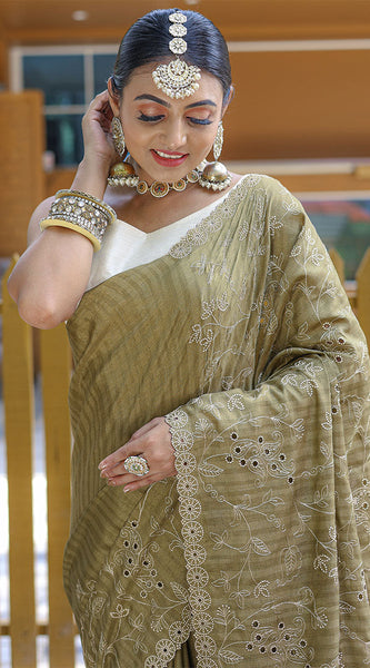 Blooming Mehandi Embroidery Work Soft Silk Saree With Captivating Blouse Piece