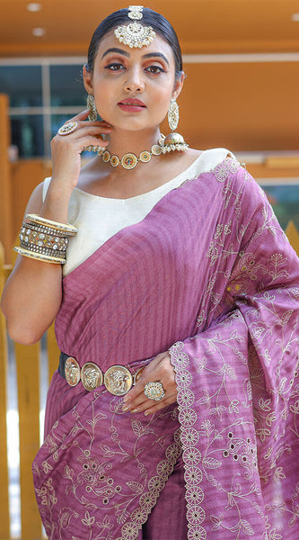 Prominent Purple Embroidery Work Soft Silk Saree With Glorious Blouse Piece