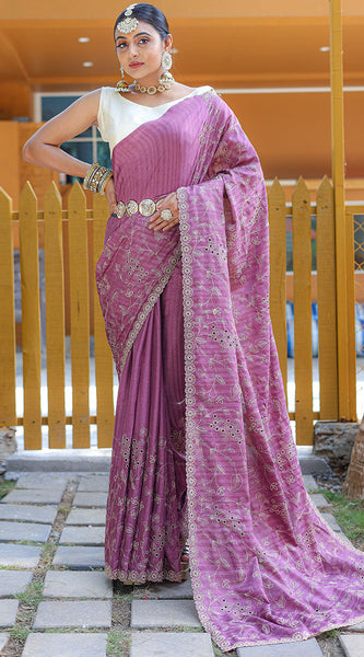 Prominent Purple Embroidery Work Soft Silk Saree With Glorious Blouse Piece