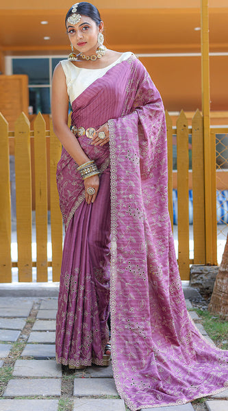 Prominent Purple Embroidery Work Soft Silk Saree With Glorious Blouse Piece