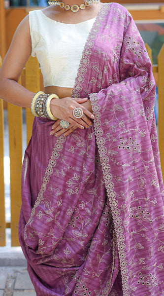 Prominent Purple Embroidery Work Soft Silk Saree With Glorious Blouse Piece