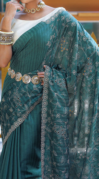 Beauteous Rama Embroidery Work Soft Silk Saree With Ideal Blouse Piece