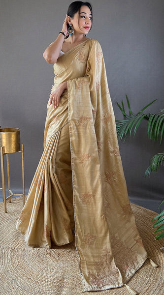 Vivacious Beige Embroidery Work Soft Silk Saree With Pulsating Blouse Piece
