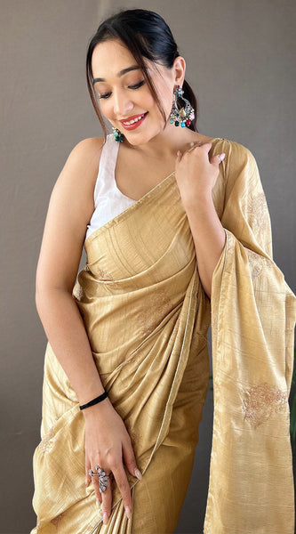 Vivacious Beige Embroidery Work Soft Silk Saree With Pulsating Blouse Piece