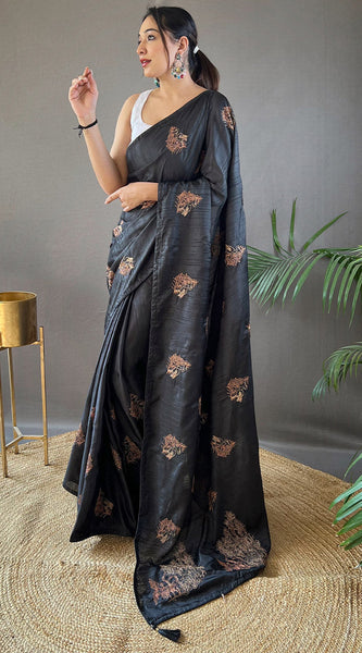Aplomb Black Embroidery Work Soft Silk Saree With Resonant Blouse Piece