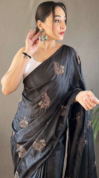 Aplomb Black Embroidery Work Soft Silk Saree With Resonant Blouse Piece