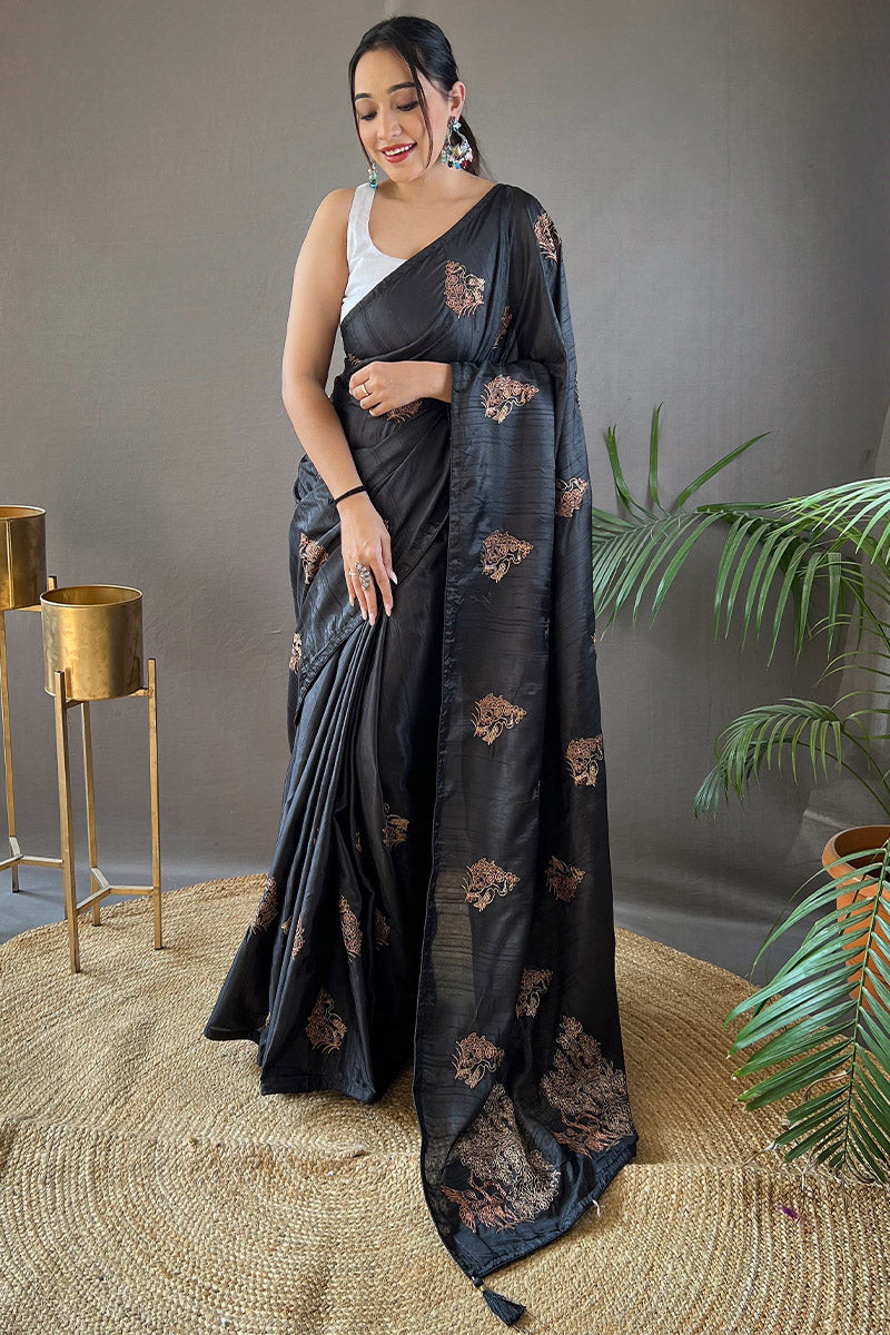 Aplomb Black Embroidery Work Soft Silk Saree With Resonant Blouse Piece