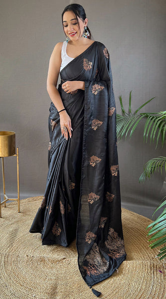 Aplomb Black Embroidery Work Soft Silk Saree With Resonant Blouse Piece