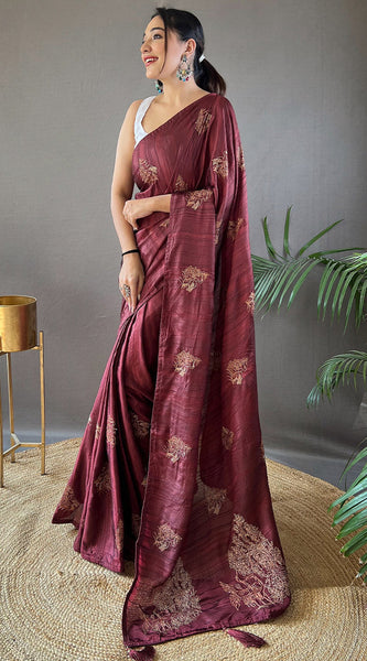 Ravishing Brown Embroidery Work Soft Silk Saree With Resonant Blouse Piece