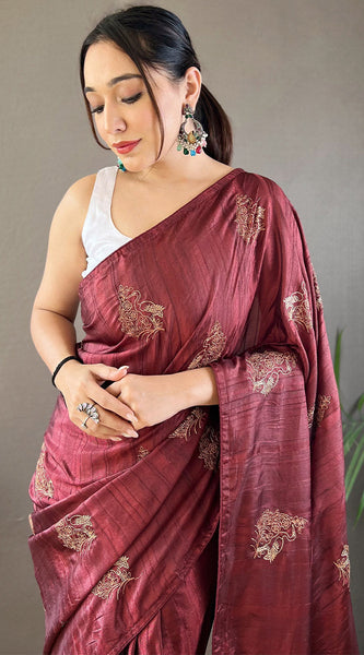 Ravishing Brown Embroidery Work Soft Silk Saree With Resonant Blouse Piece