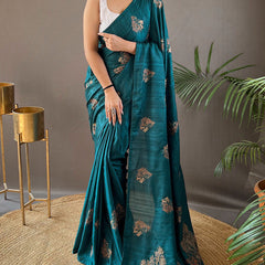 Enigmatic Rama Embroidery Work Soft Silk Saree With Pulsating Blouse Piece