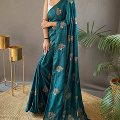 Enigmatic Rama Embroidery Work Soft Silk Saree With Pulsating Blouse Piece