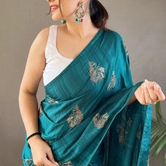 Enigmatic Rama Embroidery Work Soft Silk Saree With Pulsating Blouse Piece