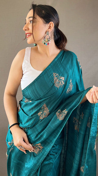 Enigmatic Rama Embroidery Work Soft Silk Saree With Pulsating Blouse Piece