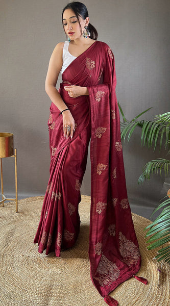 Beguiling Wine Embroidery Work Soft Silk Saree With Grandiose Blouse Piece