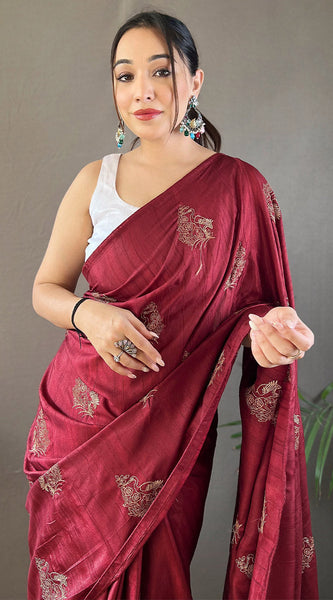 Beguiling Wine Embroidery Work Soft Silk Saree With Grandiose Blouse Piece