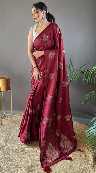 Beguiling Wine Embroidery Work Soft Silk Saree With Grandiose Blouse Piece
