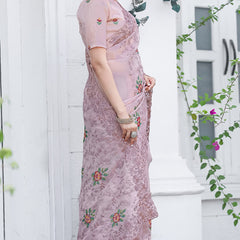 Glowing Baby Pink Embroidery Work Chiffon Silk Saree With Opulent Blouse Piece