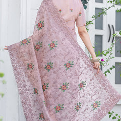 Glowing Baby Pink Embroidery Work Chiffon Silk Saree With Opulent Blouse Piece