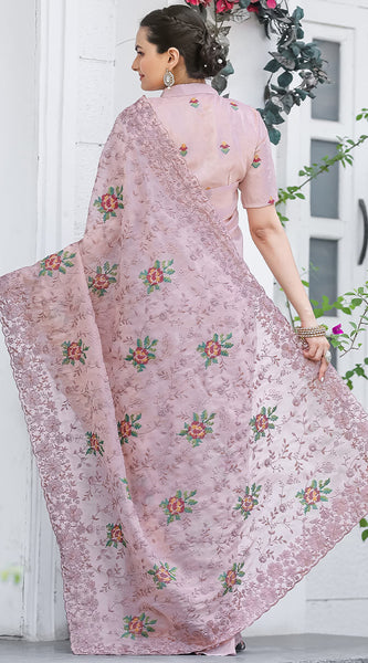Glowing Baby Pink Embroidery Work Chiffon Silk Saree With Opulent Blouse Piece