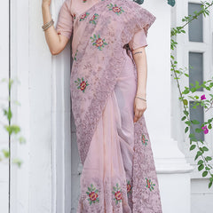 Glowing Baby Pink Embroidery Work Chiffon Silk Saree With Opulent Blouse Piece