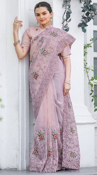 Glowing Baby Pink Embroidery Work Chiffon Silk Saree With Opulent Blouse Piece