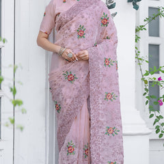 Glowing Baby Pink Embroidery Work Chiffon Silk Saree With Opulent Blouse Piece