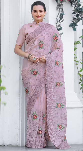 Glowing Baby Pink Embroidery Work Chiffon Silk Saree With Opulent Blouse Piece