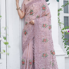 Glowing Baby Pink Embroidery Work Chiffon Silk Saree With Opulent Blouse Piece