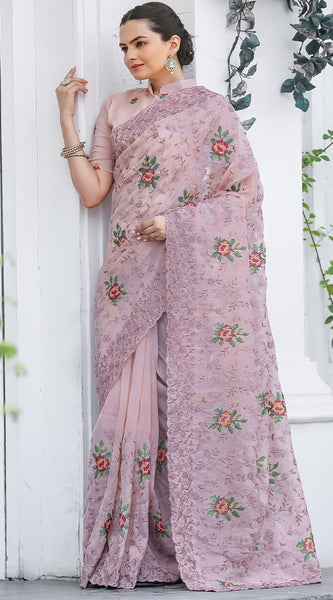Glowing Baby Pink Embroidery Work Chiffon Silk Saree With Opulent Blouse Piece