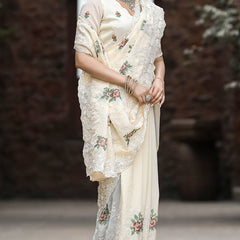 Twirling Beige Embroidery Work Chiffon Silk Saree With Brood Blouse Piece