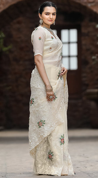 Twirling Beige Embroidery Work Chiffon Silk Saree With Brood Blouse Piece